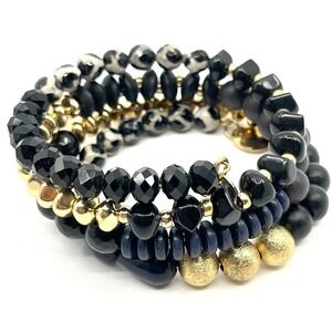 Vintage Boho Black Gold Multi-Strand‎ Beaded Wrap Bracelet Mixed Texture Stack